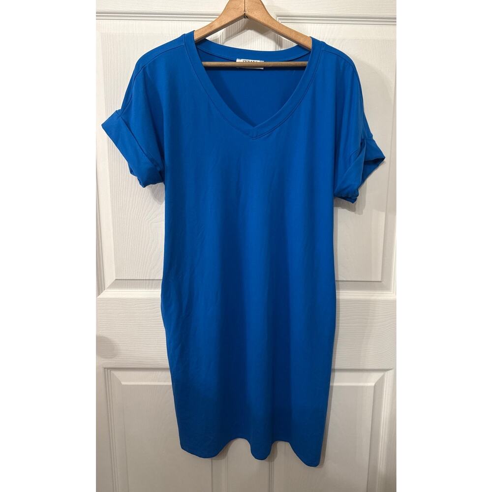 Zenana Women's Small Blue Brushed V Neck T Shirt Dress Rolled Sleeve Stretch - Picture 2 of 8